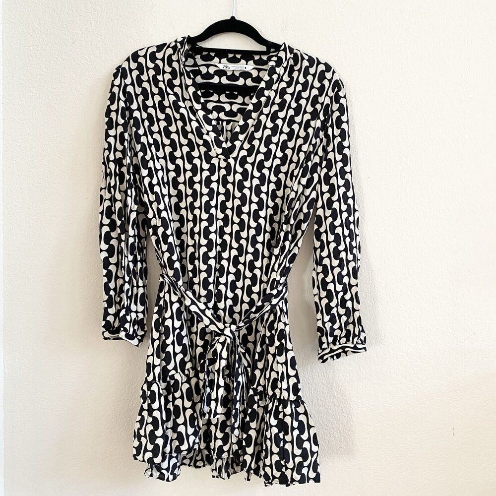 Zara The‎ Paula Dress Women's XS Black/Cream Retro Geometric Print Flowy Tunic - Picture 5 of 11